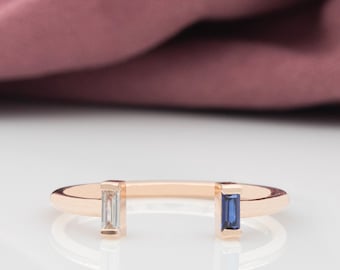 14K Gold Baguette Sapphire Ring, Baguette Diamond and Sapphire Ring, Dainty Baguette Ring, Open Baguette Ring, Sapphire Diamond Cuff Ring