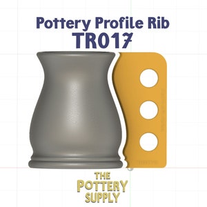 May include: A gray pottery profile rib tool with three round holes. The tool is labeled "TR017" and is made by The Pottery Supply.