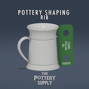 May include: A white pottery shaping rib with a handle, next to a green tag that reads "The Pottery Supply" and "TR056V5". The text "POTTERY SHAPING RIB" and "THE POTTERY SUPPLY" are also visible.
