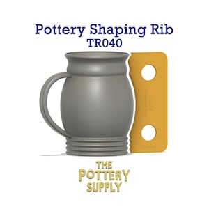 May include: A grey pottery shaping rib tool with two holes, labelled "TR040". The tool is used to shape pottery and is shown next to a grey ceramic mug.