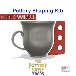 May include: A red pottery shaping rib tool with three holes. The tool is used to shape pottery and is shown next to a gray ceramic mug. The text "The Pottery Supply TR005" is printed below the mug. The text "6 SIZES AVAILABLE" is printed above the mug.
