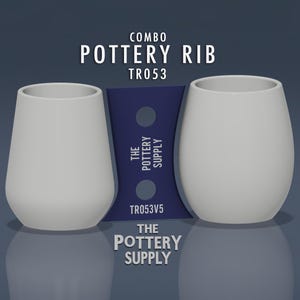 May include: Image of two white pottery vessels and a dark blue pottery rib tool. The text "COMBO POTTERY RIB TR053" is at the top, with "THE POTTERY SUPPLY" at the bottom. The vessels are for pottery.