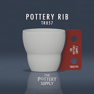 May include: A white pottery rib, TR057, with a curved shape, next to a red tool with two holes and the text "THE POTTERY SUPPLY". The image also includes the text "POTTERY RIB" and "TR057V5".