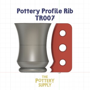 Puede incluir: Perfil de cerámica TR007, un perfil de cerámica gris con una plantilla de plástico rojo con tres agujeros. El logotipo de The Pottery Supply está en la parte inferior de la imagen.