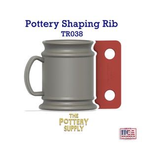 May include: Pottery shaping rib tool, red plastic with two holes, labelled "TR038", made in the USA, The Pottery Supply logo.
