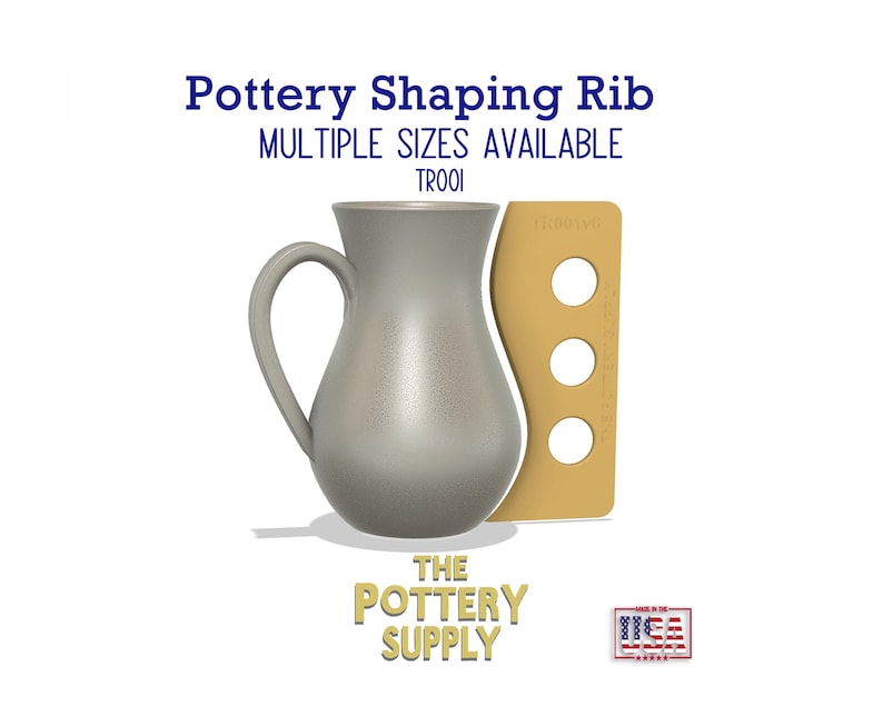 May include: A gray pottery shaping rib with three holes. The rib is used to shape pottery and is available in multiple sizes. The text "Pottery Shaping Rib" and "Multiple Sizes Available" is printed in blue on a white background. The text "TROOI" is printed in blue on a white background. The text "THE POTTERY SUPPLY" is printed in gold on a white background. The text "MADE IN THE USA" is printed in red, white, and blue on a white background.