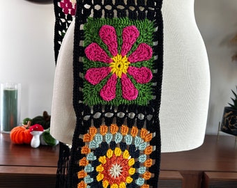 Handmade Crochet Scarf For Women Granny Square Multicolor Crochet Scarf Gift For Mother,Sister,Daughter Floral Granny Square Scarf For Women