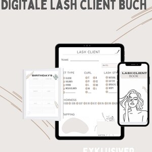 Könnte beinhalten: Digitales Wimpern-Kundenbuch-Design mit einem Tablet und Smartphone, die Wimpern-Kundenformulare anzeigen. Das Tablet zeigt ein Wimpern-Kundenformular mit Abschnitten für Name, Wimperntyp, Curl und Wimpernstil. Das Smartphone zeigt das Buchcover.