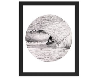 May include: A black and white illustration of a surfer riding a wave. The image is in a circle and has a stippled effect.