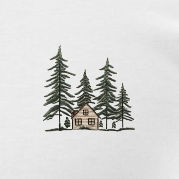 Organic Cabin & Pine Tree Besticktes T-Shirt | Wildnis umarmen + Wiederaufforstung fördern | Unisex, weiche 100% Bio-Baumwolle