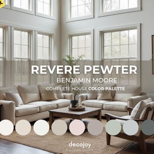 Interior Paint Revere Pewter Benjamin Moore Palette, Modern Calm Neutrals, Whole House Color Scheme, Home Paint Colors