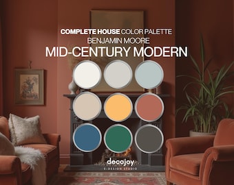 Tavolozza di colori Benjamin Moore in stile Mid-Century Modern / Schema di colori per tutta la casa 2026 / Interni retrò / Download digitale