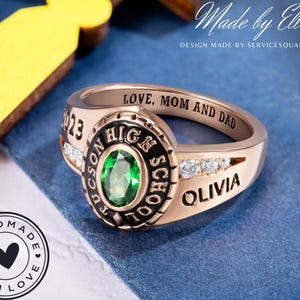 Custom School Class Ring, Jewelry for Woman, Sterling Silver 925 High School University Personalized Mementos Jewelry, Graduation Rings