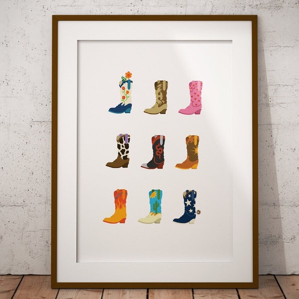 Cowboy boots art print, illustration, A4/A3, rodeo, yeehaw, colourful