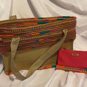 Bolso de playa grande con diseño de agujas de pino y correa de muñeca a juego (n.° 2403)