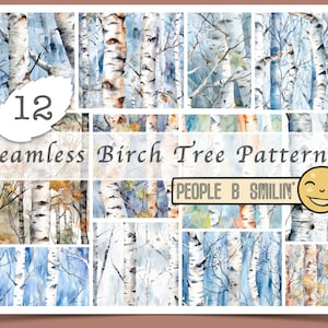 Könnte beinhalten: Zwölf nahtlose Aquarellmuster mit Birken in verschiedenen Blautönen, Weiß und Braun. Der Text "PEOPLE B SMILIN'" ist in der Mitte des Bildes sichtbar.