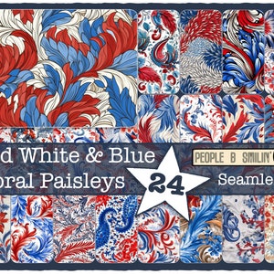 Pacchetto di modelli di carta senza giunte paisley floreale rosso bianco e blu / 24 disegni / stampa paisley ripetuta / design artigianale floreale patriottico / Beneficenza