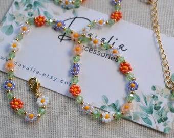 Meadowmix Spring Necklace: Handmade Daisy Flower Beaded Necklace, 18k gold plated
