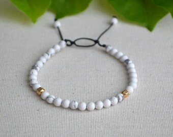 Minimalist Adjustable Bracelet - Matte White Howlite 4mm Bead Jewelry for Everyday Wear