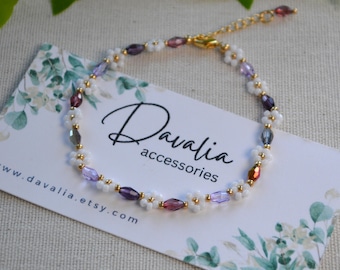 Tonal Purple Bracelet -  White Flowers Seed Beads, 18k Gold Plated