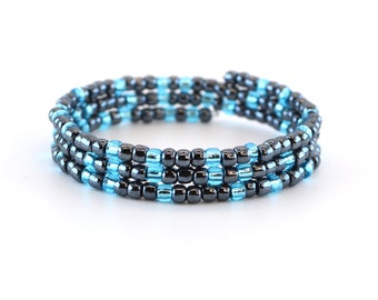 Metallic grey and blue Memory Wire Bracelet, Boho Bracelet, Bohemian Bracelet, Beaded Bangle, Multi Strand Coil Bracelet