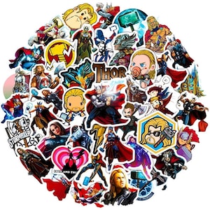 May include: A collection of colorful stickers featuring characters from the Marvel Comics superhero Thor. The stickers include images of Thor, Loki, Odin, and other characters from the Thor mythology. The stickers are perfect for decorating laptops, water bottles, and other personal items.