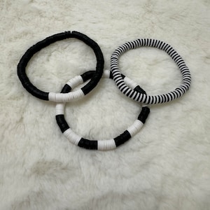 Black and White Heishi Clay Bead Bracelet Trio | Heishi Bead Bracelet Set | Stackable Bracelets | Clay Bead Bracelets | Custom Bracelets