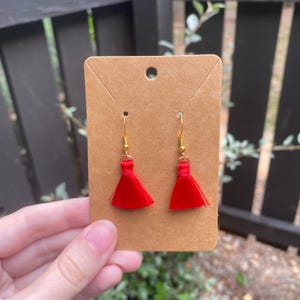 Red Tassel Dangle Earrings, Tassel Earrings, Fringe Earrings, Gold Earrings, Red Tassels