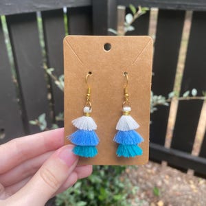 White and Blue Tassel Dangle Earrings, Tassel Earrings, Fringe Earrings, Gold Earrings, White Tassels, Blue Tassels, Three-Tiered Tassels