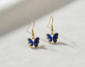 Butterfly Earrings Dangle Jewelry Gold Hook Accessory Blue Enamel Charm Pendant Insect Nature Inspired Gift Her Birthday Present Nickel Free