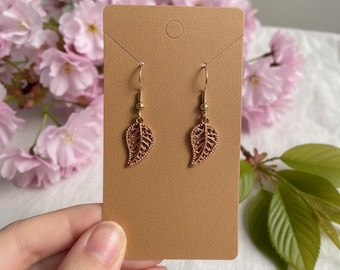 Rose Gold Leaf Dangle Earrings: Autumn Botanical Woodland Bohemian Style