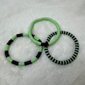Light Green and Black Heishi Clay Bead Bracelet Trio | Heishi Bead Bracelet Set | Stackable Bracelets | Clay Bead Bracelets |Custom Bracelet