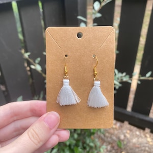 White Tassel Dangle Earrings, Tassel Earrings, Fringe Earrings, Gold Earrings, White Tassels