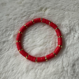 Red Heishi Clay Bead and Gold Bead Bracelet | Heishi Bead Bracelet Set | Stackable Bracelets | Clay Bead Bracelets | Custom Bracelets