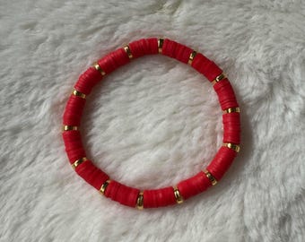 Red Heishi Clay Bead and Gold Bead Bracelet | Heishi Bead Bracelet Set | Stackable Bracelets | Clay Bead Bracelets | Custom Bracelets