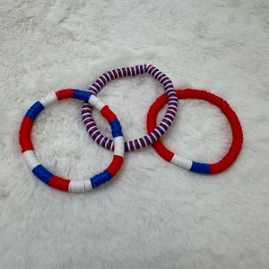 Red, White and Blue Heishi Clay Bead Bracelet Trio | Heishi Bead Bracelet Set | Stackable Bracelets | Clay Bead Bracelets | Custom Bracelets