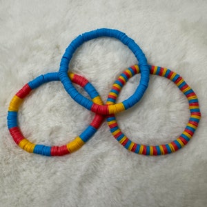 Blue, Pink and Yellow Heishi Clay Bead Bracelet Trio | Heishi Bead Bracelet Set | Stackable Bracelets |Clay Bead Bracelets |Custom Bracelets