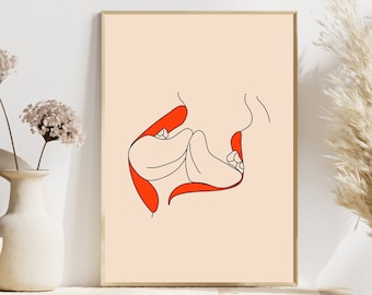 Couple Kissing Modern Digital Art Print,Romantic Wall Art,Line Drawing,Minimalist Home Decor, Lovers Kiss, Couple's Kiss Art, Line art kiss