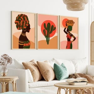 Set Of 3 African American Wall Art, Afro Bohemian Decor, Modern Afro Print Set, Abstract Ethnic Triptych, African Girls Poster, African Gift