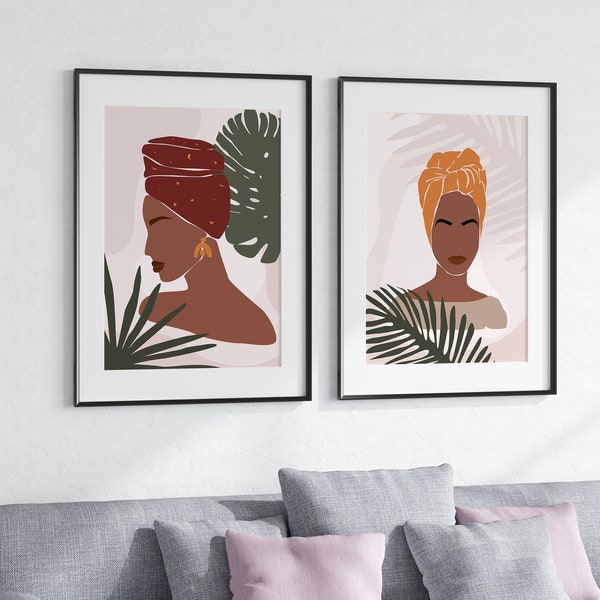 Set Of 2 African American Wall Art, Afro Boho Decor, Modern Afro Print Set, Abstract Ethnic Triptych, African Girls Poster, African Gift