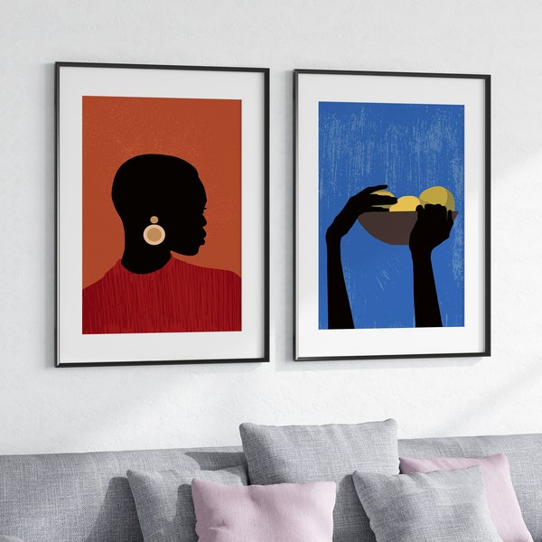 Set Of 2 African American Wall Art, Afro Bohemian Decor, Modern Afro Print Set, Abstract Ethnic Triptych, African Girls Poster, African Gift