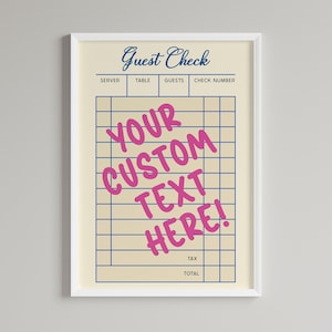 Custom Guest Check Print, Guest Check Wall Art, Trendy Wall Art, Guest Check Poster, Retro Poster, Preppy Prints, Bar Cart Art
