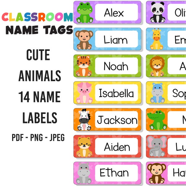 Classroom Name Tags Template Cute Animals Rainbow | Editable | Printable | Elementary School Name Tags | Back To School | Classroom Labels