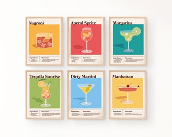 Cocktail Recipe Prints | Set of 6 Minimalist Bar Cart Art (PDF)