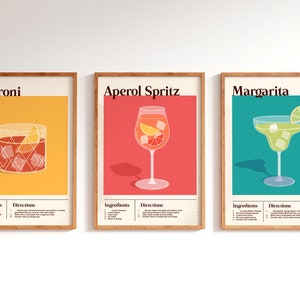 3er Set Cocktail Prints | Klassische Cocktailwandkunst | Minimalistische Alkohol Drucke | Barwagen Dekor | Nagroni Aperol Spritz Margarita Wandkunst