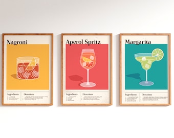 Cocktail Recipe Prints Set of 3 | Minimalist Bar Cart Decor (Digital Download)