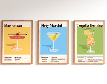 Cocktail Recipe Prints Set | Martini, Tequila, Manhattan (Digital Download)