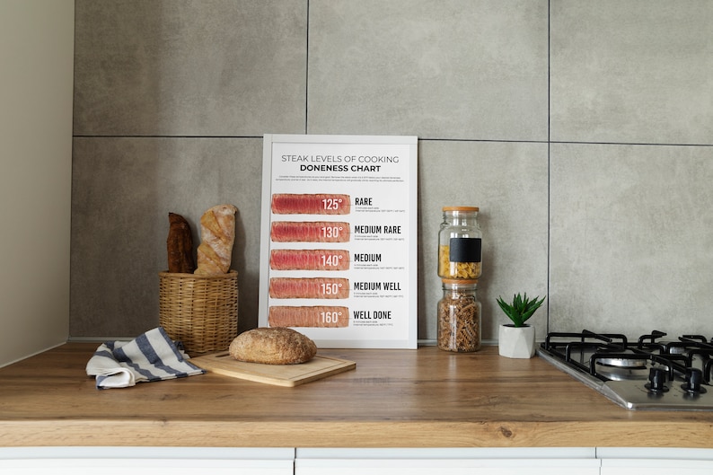 Puede incluir: Un p&oacute;ster enmarcado en blanco con un gr&aacute;fico que muestra los diferentes niveles de cocci&oacute;n para el bistec, con las temperaturas correspondientes en grados Celsius. El p&oacute;ster est&aacute; en una encimera de cocina con una cesta de pan, una hogaza de pan en una tabla de cortar, dos frascos de vidrio con pasta, una peque&ntilde;a planta en maceta y una estufa de gas.