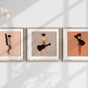Set Of 3 Guitar Girl Poster, Guitarist Print, Guitar Wall Art, Female Poster Print, Music Poster, Women art gift, Guitarist Girl Gift