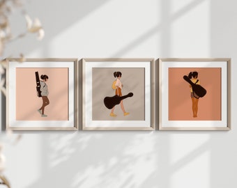 Lámina artística de Chica Guitarra, decoración de pared para sala de música (descarga digital)